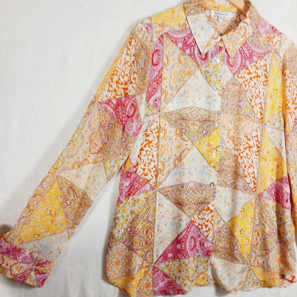 Rose & Olive, XL Button Down Blouse, Long Sleeve, Multi Paisley Patchwork Print - Picture 6 of 15
